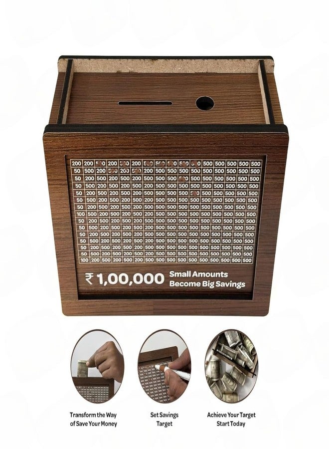 TRIVYOM Cash Vault Wooden Savings Box || Wooden Cash Saver Money Box || Wooden Piggy Bank with Easy Tracking of Savings || 1,00,000 Rupees Money Saving Piggy Bank || Reusable Piggy Bank - Image 4
